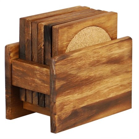 HOME BASICS Home Basics Pine Wood Square Coasters with Absorbent Cork Insert, (Set of 6), and Holder ZOR96225